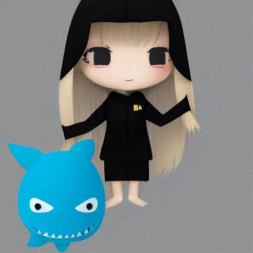 Image similar to a blonde girl in a black hoodie holding a blahaj blue shark plush from ikea, anime style