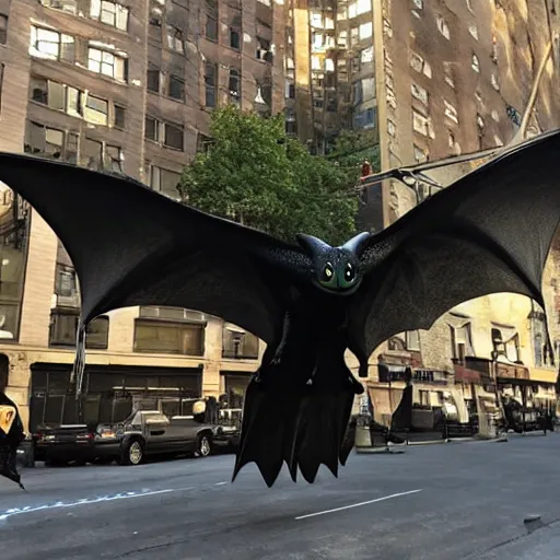 Image similar to toothless from how to train your dragon flying in new york city