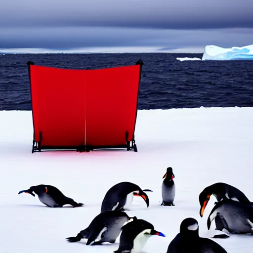 Image similar to a red camping chair in the middle of antarctica. the chair is 3 0 meters away from the camera and the chair is surrounded by a group of penguins.