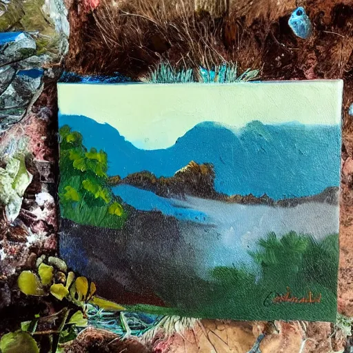 Prompt: rough acrylic painting of a lush natural scene on an alien planet by caroline degroiselle. beautiful landscape. weird vegetation. cliffs and water.