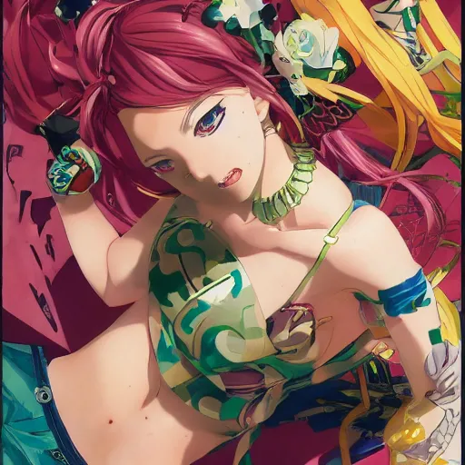 Image similar to Magazine Cover Anime key visual of a Gucci girl; official media; typography; drawn by Hirohiko Araki; Jojo's Bizarre Adventure; Jojolion, portrait, made by Stanley Artgerm Lau, WLOP, Rossdraws, James Jean, Andrei Riabovitchev, Marc Simonetti, Yoshitaka Amano, ArtStation