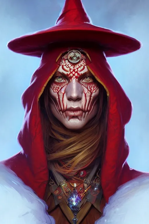 Prompt: Portrait of red skeleton with a wizard hat on his head, D&D, face, fantasy, intricate, elegant, highly detailed, digital painting, artstation, concept art, smooth, sharp focus, illustration, art by artgerm and greg rutkowski and alphonse mucha