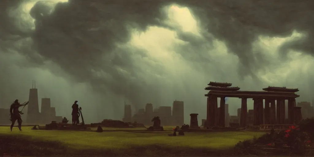 Image similar to 2 1 savage, shadow of the colossus, in front of a temple, at chicago, storm clouds, dramatic lighting, hudson river school