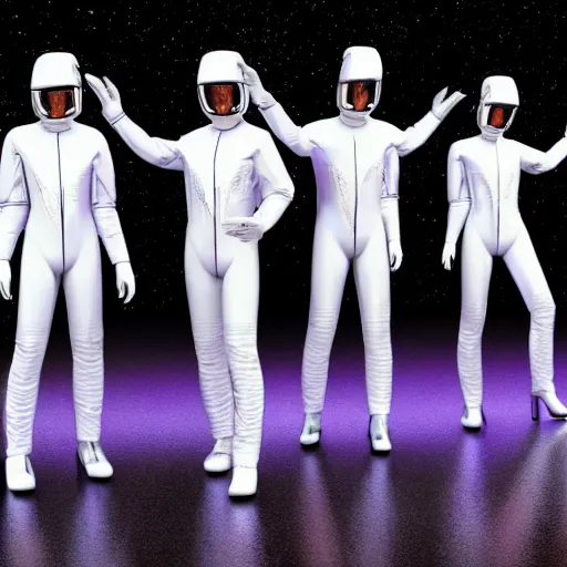 Image similar to 3 d rendered movie still saturday night fever wearing futuristic spacesuits.. 4 k, hyperrealistic, ue 5, ocatane, artgem, dramatic lighting.