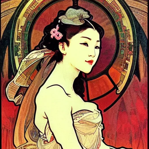 Prompt: beautiful women with oriental faces, character portrait, sharp, art by alphonse maria mucha