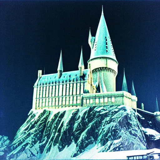 Prompt: 1 9 9 0 s photograph of hogwarts castle at nighttime, snow covered, womping willow is visible.