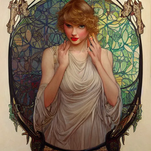 Image similar to romantic painted portrait of taylor swift by james jean, mucha, masterpiece