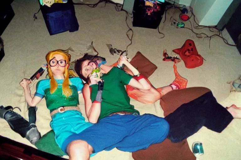 Prompt: a funny unexpected photo made with a disposable camera of Link and Zelda totally wasted in my livingroom, in color