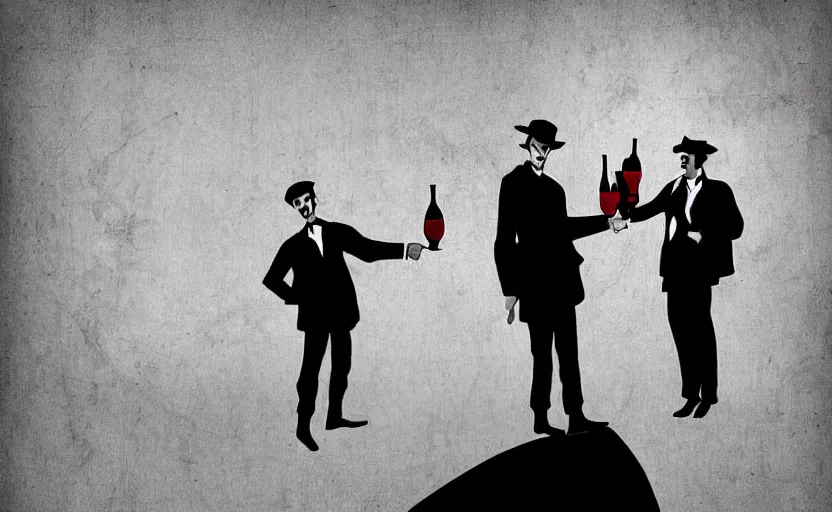 Image similar to A handsome Frenchman and the devil toasting over a whiskey, film noir style, black and white and red colors, establishing shot, extremely high level of detail, high quality, digital art