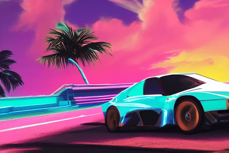 Image similar to render of a nissan driving along the coast highway, synthwave, outrun, 8 0 s, stylistic, neon, palms, 8 k wallpaper, digital art, trending on artstation