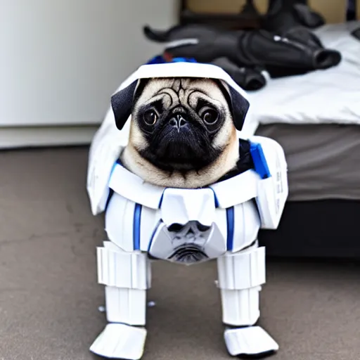 Image similar to a pug wearing stormtrooper armor, photo, detailed