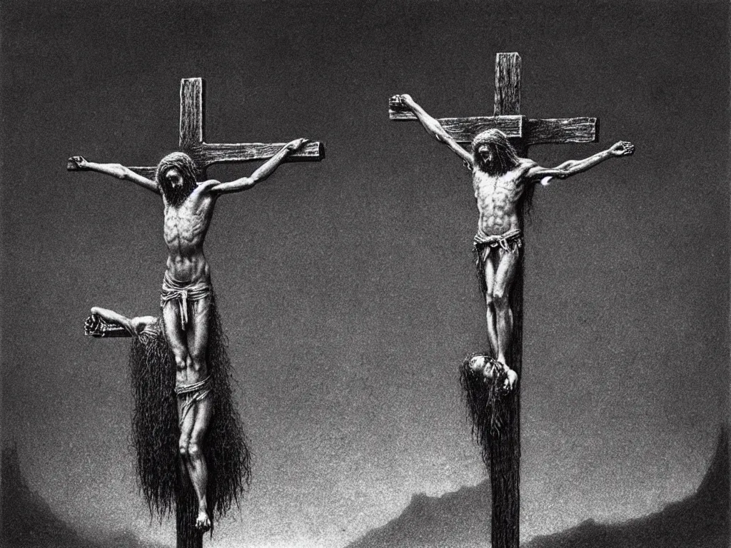 Image similar to jesus christ crucifixion by beksinski, fantasy, scary, award winning 8k