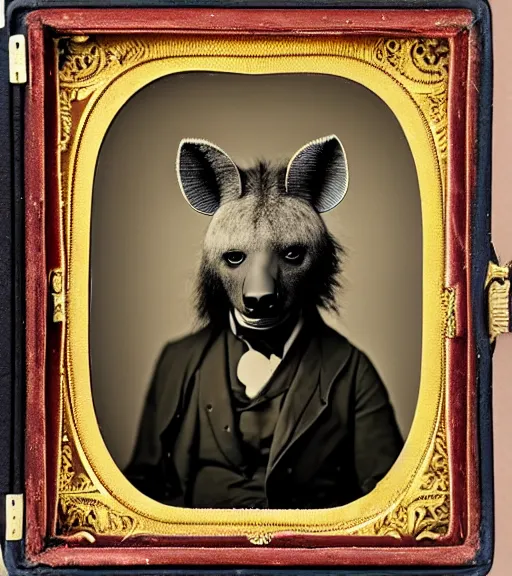 Image similar to professional studio photo portrait of anthro anthropomorphic spotted hyena head animal person fursona wearing elaborate pompous royal robes clothes by Louis Daguerre daguerreotype tintype