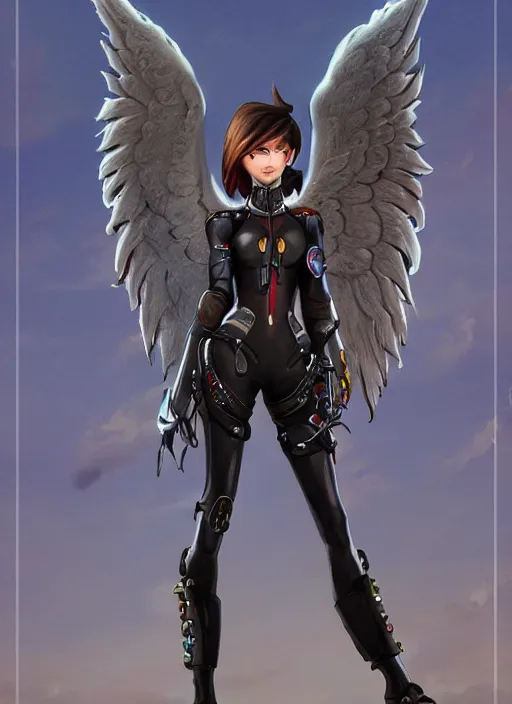 Image similar to full body artwork of tracer overwatch, wearing leather outfit, in style of zdzisław beksinski, angel wings, dramatic painting, wearing detailed steel collar, black shiny armor, chains, black harness, detailed face and eyes,