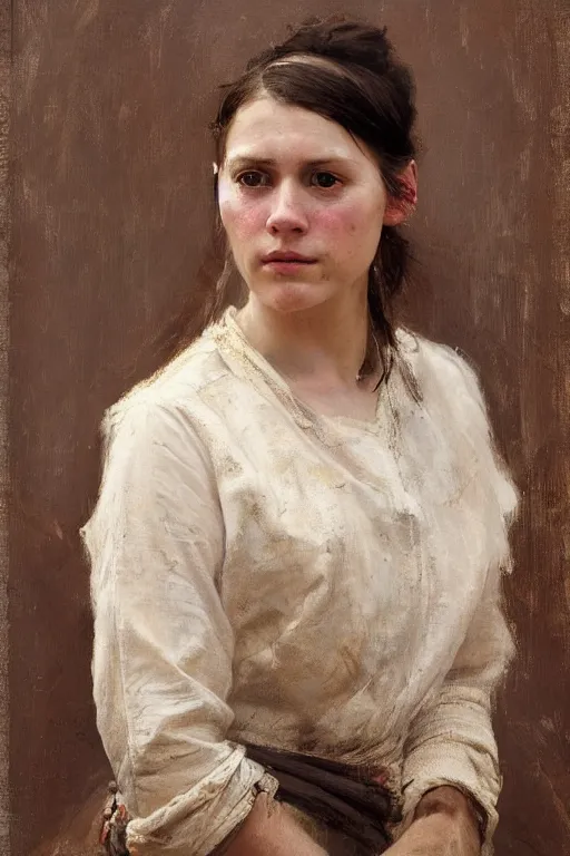 Image similar to Richard Schmid and Jeremy Lipking and Antonio Rotta full length portrait painting of a young beautiful traditonal viking woman