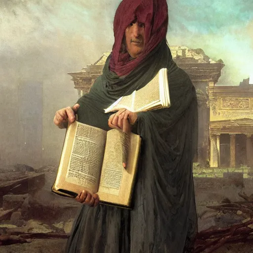 Image similar to portait of magican wearing a closed cerimonial cowl and big old book! chained to the wrist, jeremy mann, jean - leon gerome, tiepolo, alphonse mucha, greg rutkowski, face in the shadows, ( ( ruins of ancient rome ) ), at dusk, mysterious atmosphere, sunrays, dof, high detailed, 8 k