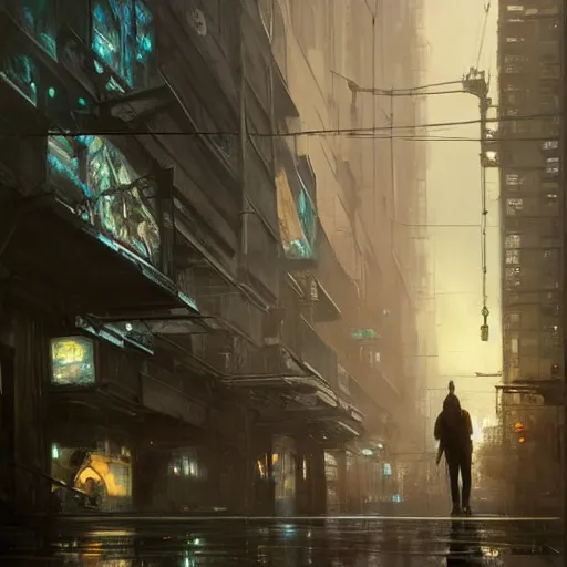 Image similar to wanderer, sidewalk of a cyberpunk megacity, dramatic lighting, detailed background, gorgeous view, realistic, high detail, depth of field, lightrays, atmospheric, digital art, painted by greg rutkowski, painted by jeremy mann, painted by alphonse mucha, trending on artstation