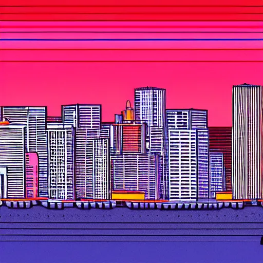 Prompt: a north american city at sunset, 1 9 9 0 s, skyline, bright sky with orange / pink undertones, in the style of hiroshi nagai, detailed