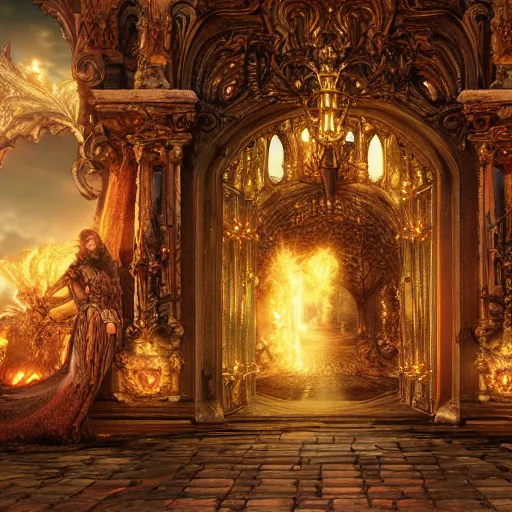 Image similar to the gates of hell, fairy tale, stunning, surrounding cinematic light, hyper detailed, ornate and intricate, 4 k cinematic octane render