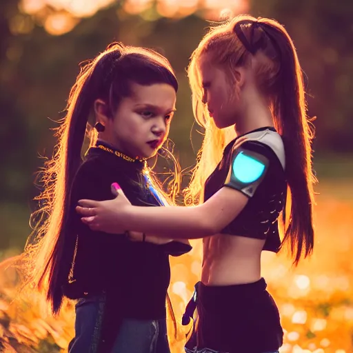 Image similar to a full body photo of a girl dressed in cyberpunk gear with her hands holding a smaller girl in her palm, 5 0 mm lens, f 1. 4, sharp focus, ethereal, emotionally evoking, head in focus, volumetric lighting, blur dreamy outdoor,