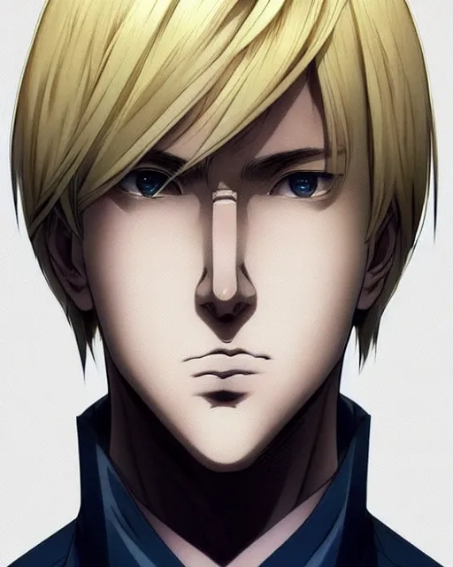 Image similar to portrait Anime Blonde Guy Short Hair Sharp fine face, pretty face, realistic shaded Perfect face, fine details. Anime. by makoto sinkai, katsuhiro otomo ghost in the shell movie scene, magali villeneuve, artgerm, rutkowski symmetrical, symmetrical features, coherent face-features