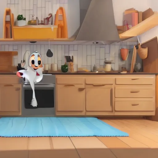 Prompt: walking waffles with cute eyes making breakfast in a kitchen made of dough stylized cartoon disney pixar style hd render