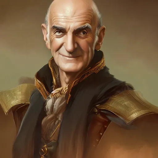 Image similar to smirking male bard, Louis de Funès, portrait, headshot, D&D, fantasy, highly detailed, digital painting, artstation, concept art, sharp focus, illustration, art by artgerm and greg rutkowski and alphonse mucha