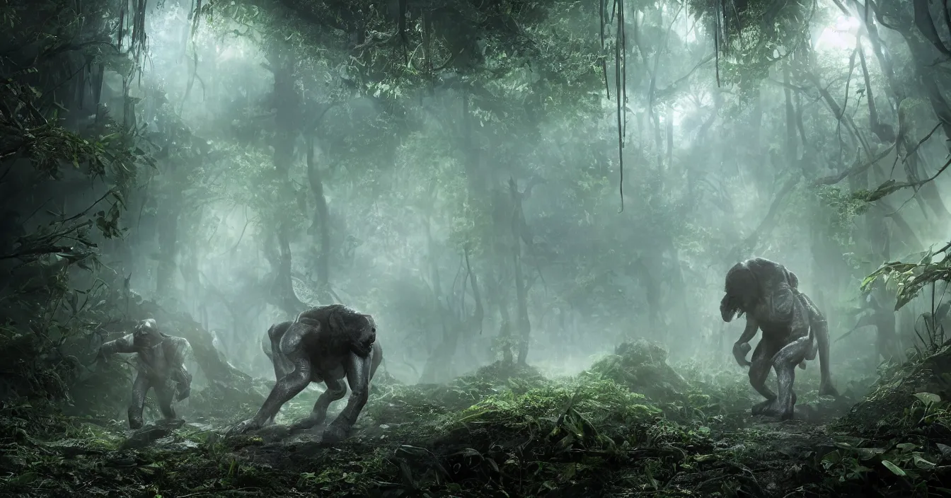 Image similar to realistic image from scifi movie with invisible creature running through dark nigh in the jungle, difractions, reflections, volumetric fog light, dark atmosphere, dramatic cinematic composition, depth, defocus, rendered in vray, raytracing, raymarching, by ilm, digital domain, weta digital