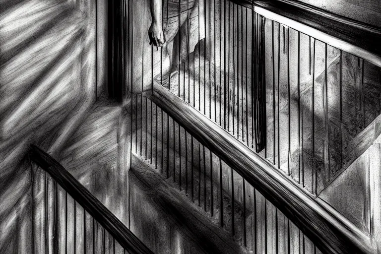 Image similar to looking down stairs in a house at the semi transparent ghost of a man at the bottom, digital art