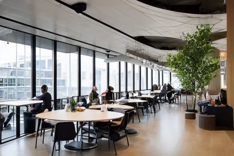 Prompt: a beautiful office building cafe amenity space with sleek modern design by SOM with large windows