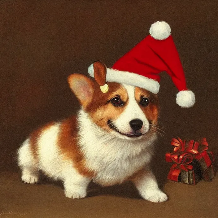 Prompt: cute corgi puppy dog wearing a christmas hat art by jacques lauret agasse