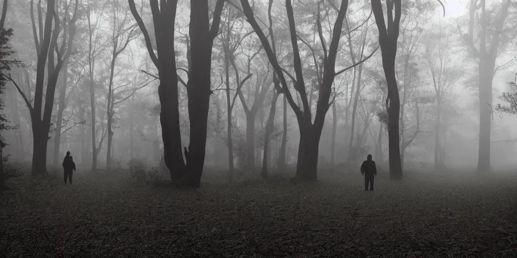 Prompt: foggy haunted woods with several silhouetted figure lurking in the distance, horror movie