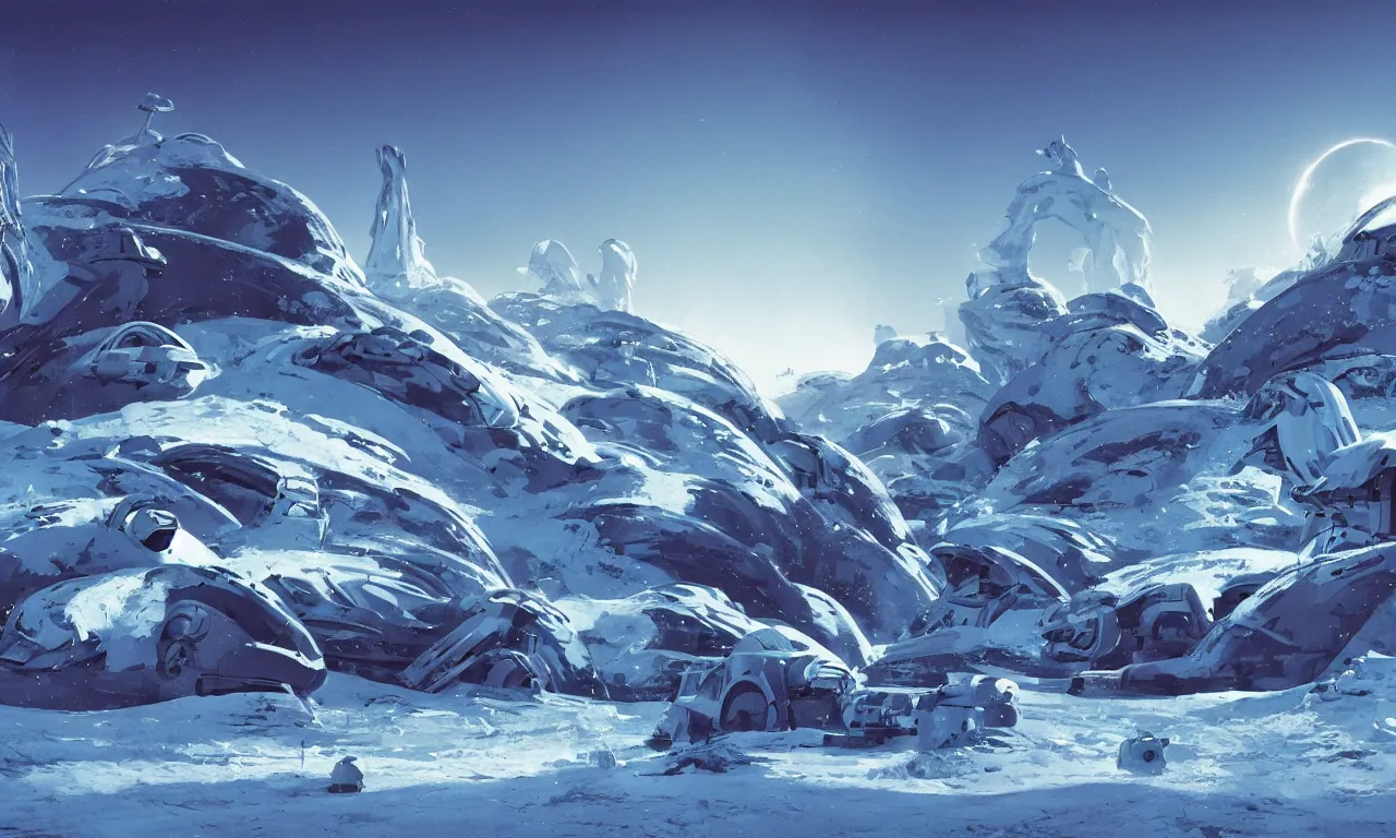 Image similar to snow alien landscape of an unexplored world, cinematic lighting, cinematic angle, Syd Mead, Federico Pelat, daylight, blue sky, spaceship in the sky