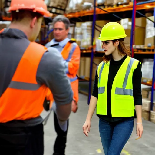 Image similar to photo, close up, emma watson in a hi vis vest, in warehouse, android cameraphone, candid photo 2 6 mm,