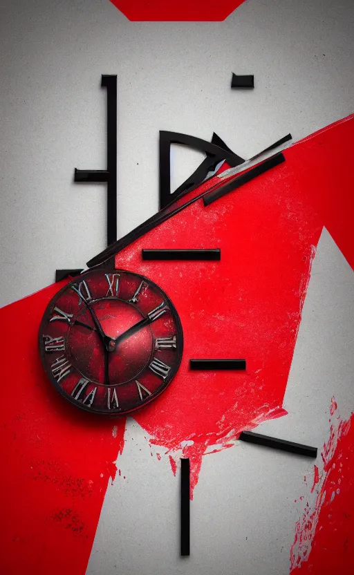 Image similar to a melting Roman numeral clock, behind a red and black gradient background, awith a black heart shaped on the top left corner and a black diamond card shape in the bottom right corner, dynamic lighting, photorealistic fantasy concept art, trending on art station, stunning visuals, cinematic, creative, ultra detailed