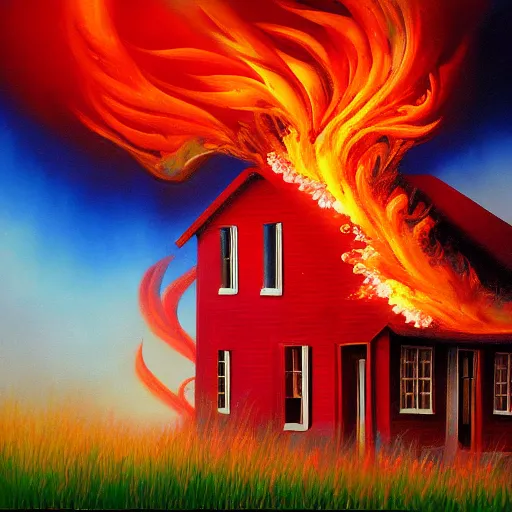 Prompt: Beautiful surreal oil painting of a burning old red house, the flames turn into flying flower petals, by Sergei Aparin,