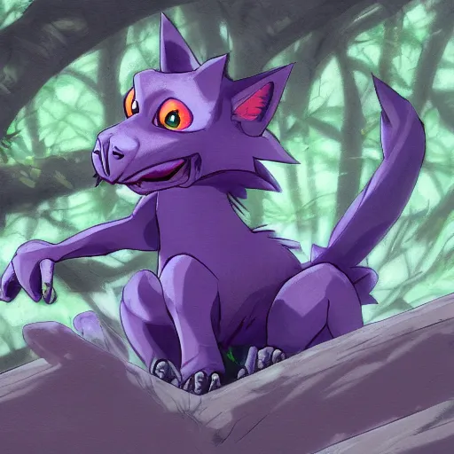 Image similar to concept art painting of an anthropomorphic purple gray hybrid reptile anime furry, in the deep forest, realistic, detailed, cel shaded, in the style of makoto shinkai and greg rutkowski and james gurney