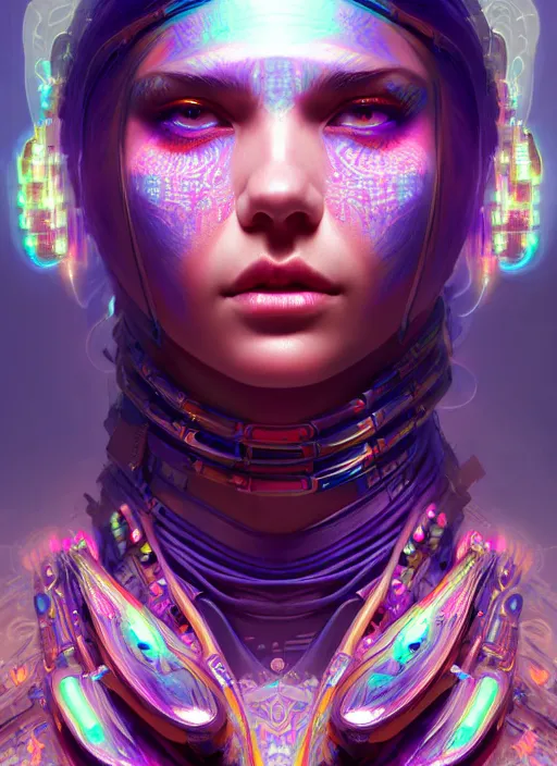 Image similar to hyper detailed ultra sharp of a beautiful shaman trance girl. trending on artstation, cyberpunk aesthetic, psywave, colorful, psychedelic, ornate, intricate, digital painting, concept art, smooth, sharp focus, illustration, art by artgerm and greg rutkowski and alphonse mucha, 8 k