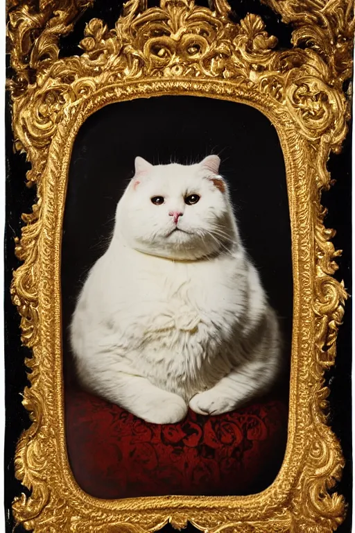 Image similar to a magnificent tintype portrait of a fluffy fat cat on an embroidered velvet cushion on a neo - rococo gilded little bed with precious stones, ball of yarns all around, by david lachapelle, photorealistic, photography, wide shot, silly looking