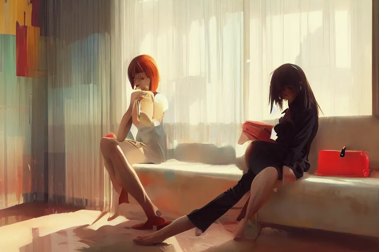 Image similar to A ultradetailed beautiful portrait panting of a stylish girl sitting in a messy modern apartment, bright sunny day, Oil painting, by Ilya Kuvshinov, Greg Rutkowski and Makoto Shinkai