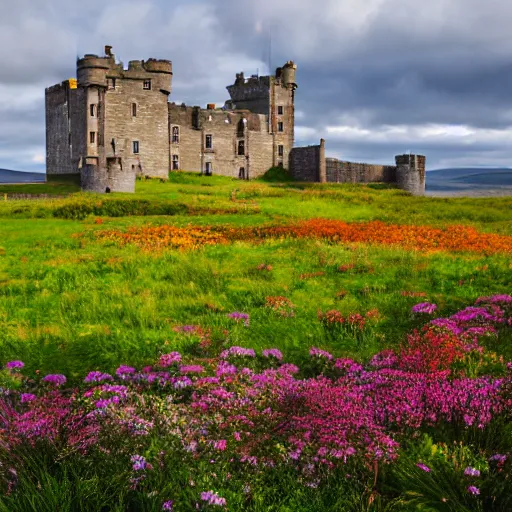 Prompt: a lovely scottish castle in a wide field, surrounded by flowers warm lighting