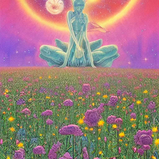 Prompt: a beautiful painting of a large alien shrine shrouded by mystic nebula magic in a field of flowers by moebius