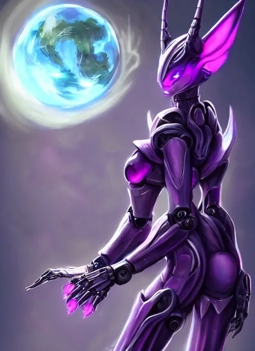 Image similar to cinematic goddess full shot, beautiful stunning hot anthropomorphic robot mecha female dragon, sleek dragon head, metal ears, led purple eyes, smooth fuschia skin, smooth silver armor, floating in space, eating a planet, epic proportions, epic size, epic detail, furry art, dragon art, giantess art, warframe fanart, furaffinity, octane