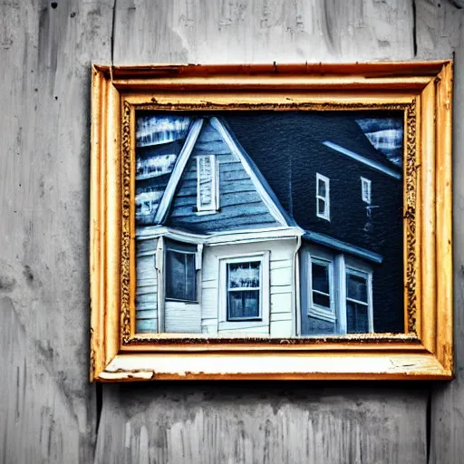 Image similar to a scary painting of a house in an moldy dusty frame