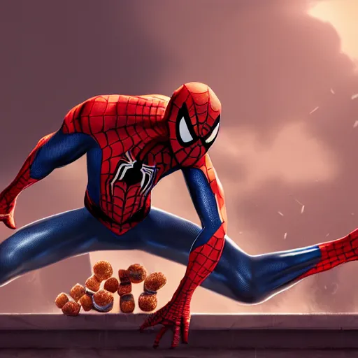 Image similar to spider - man sit on the raccoon and eating donuts, concept art, trending on artstation, highly detailed, intricate, sharp focus, digital art, 8 k