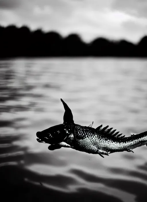 Prompt: a real life gyarados swimmin in a lake, proof photograph, black and white, blurry, hidden camera