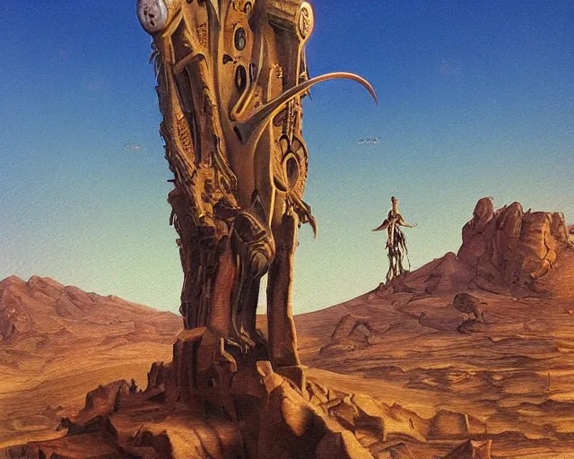 Prompt: strange cyberpunk pagan giant monument in the middle of the desert in the style of dali and bosch and moebius, oil painting