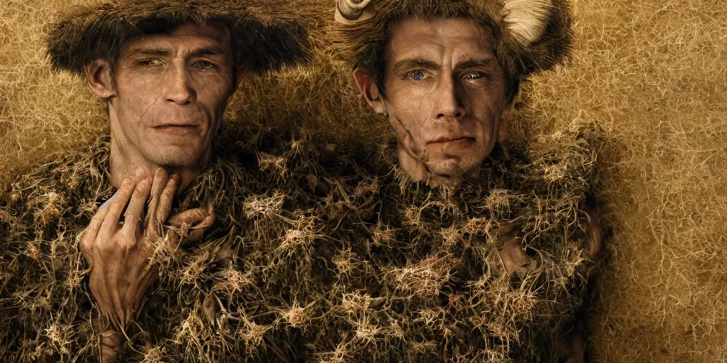 Prompt: portrait of a tyrolean farmer, wearing hay coat, with horns, visible muscles and veins and arteries and bones and spines and nerves, flowers growing out of his body, beautiful detailed intricate insanely detailed octane render, 8k artistic photography, photorealistic, chiaroscuro, by David Cronenberg, Raphael, Caravaggio