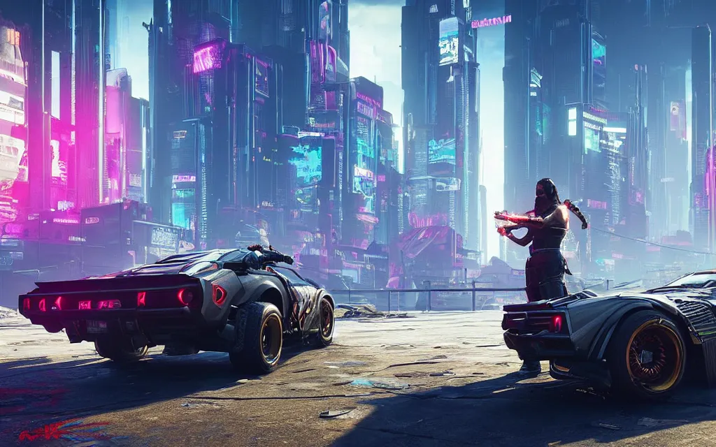 Image similar to Cyberpunk 2077 car Quadra Turbo-R V-Tech, driving down dusty city dystopian, long distance shot , by Mead, Syd