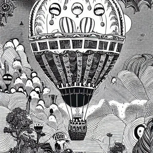 Image similar to a small victorian air balloon over a fantasy landscape, line art illustration by joe fenton , black and white, intricate details